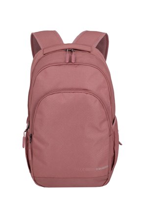 Rosa Stoff-Rucksack mit strukturiertem hexagonalem Muster, zwei gepolsterten Schulterträgern, doppelten Reißverschlüssen und mehreren Fächern für die Aufbewahrung.