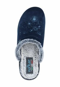Navy suede slip-on slipper featuring floral embroidery, a soft faux fur lining, and a sturdy sole with a label reading "FLYFLOT."