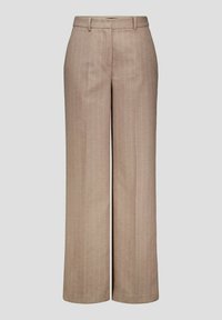 Lichtbeige wijde pantalon met subtiele verticale streepjes, gemaakt van een gladde stof. Voorzien van een tailleband met ceintuurlussen en zijzakken.