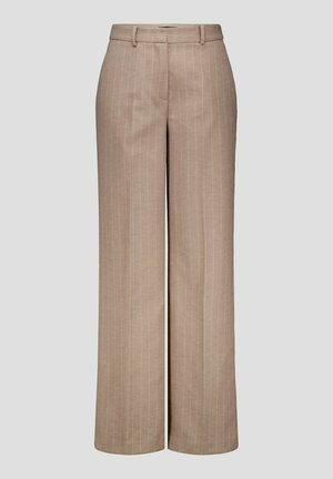 Light beige wide-leg trousers with subtle vertical pinstripes, made from a smooth fabric. Features a waistband with belt loops and side pockets.