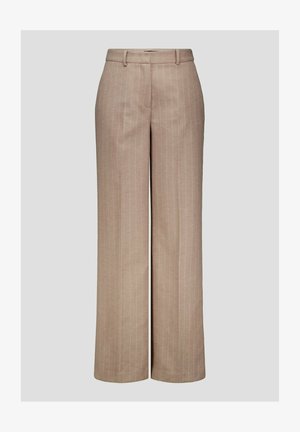 Light beige wide-leg trousers with subtle vertical pinstripes, made from a smooth fabric. Features a waistband with belt loops and side pockets.