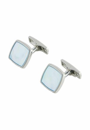 Pair of silver square cufflinks with light blue enamel centers and toggle back closures on a white background.