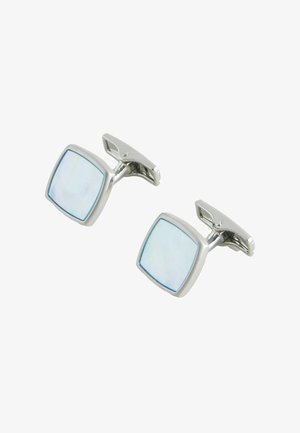 Pair of silver square cufflinks with light blue enamel centers and toggle back closures on a white background.