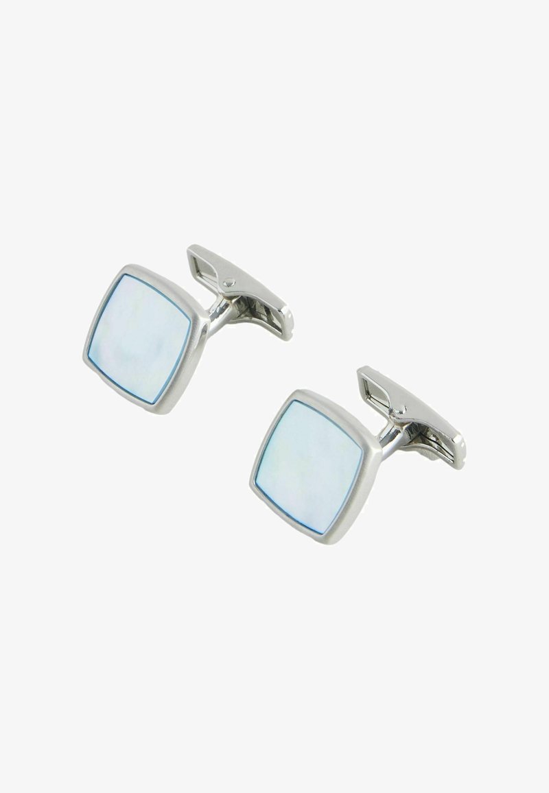 Pair of silver square cufflinks with light blue enamel centers and toggle back closures on a white background.
