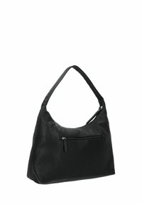 Schwarze Leder-Hobo-Tasche mit strukturiertem Finish, einem einzelnen Schulterriemen und einer mit Reißverschluss versehenen Fronttasche für sichere Aufbewahrung.