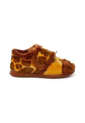 Chaussons moelleux avec un design de girafe, en matériau en peluche jaune et marron, bout rond, bande Velcro et semelle texturée.