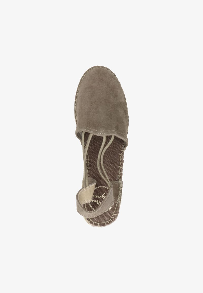 Suede espadrille shoe in taupe with elastic side straps and a woven jute sole. Features a textured brown insole with logo detailing.
