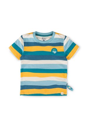 Kinder-T-Shirt mit kurzen Ärmeln und horizontalen Streifen in Blau, Türkis, Gelb und Weiß, mit einem kleinen "Hi!"-Aufnäher nahe dem Kragen.