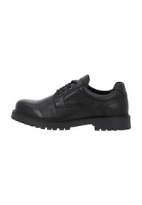 Schwarze Lederschuhe mit abgerundeter Spitze, Schnürdesign und robuster Sohle mit sichtbaren Profilmustern. Fein gearbeitete Nähte.