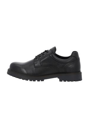 Chaussures en cuir noir avec un bout rond, un laçage et une semelle robuste avec des motifs de relief visibles. Accents de couture subtils.