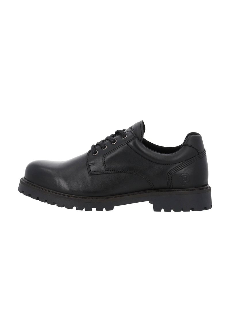 Schwarze Lederschuhe mit abgerundeter Spitze, Schnürdesign und robuster Sohle mit sichtbaren Profilmustern. Fein gearbeitete Nähte.