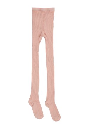Collants roses côtelés avec une texture douce, présentant un design long et une zone de orteil renforcée. Boutons à la taille pour un maintien sécurisé.