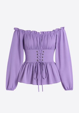 Lila off-shoulder top met lange pofmouwen, rekbare smock, en vetersluiting aan de voorkant met oogjes; peplum tailleontwerp.