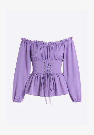 Fioletowy top odkrywający ramiona, z długimi bufkami, elastycznym marszczeniem i sznurowaniem z oczkami z przodu; design z baskinką w talii.