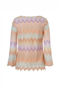 Farbiger Langarmoberteil mit Zickzackmuster in Orange, Lavendel und Minze. Hergestellt aus strukturiertem Material, mit gewelltem Saum.