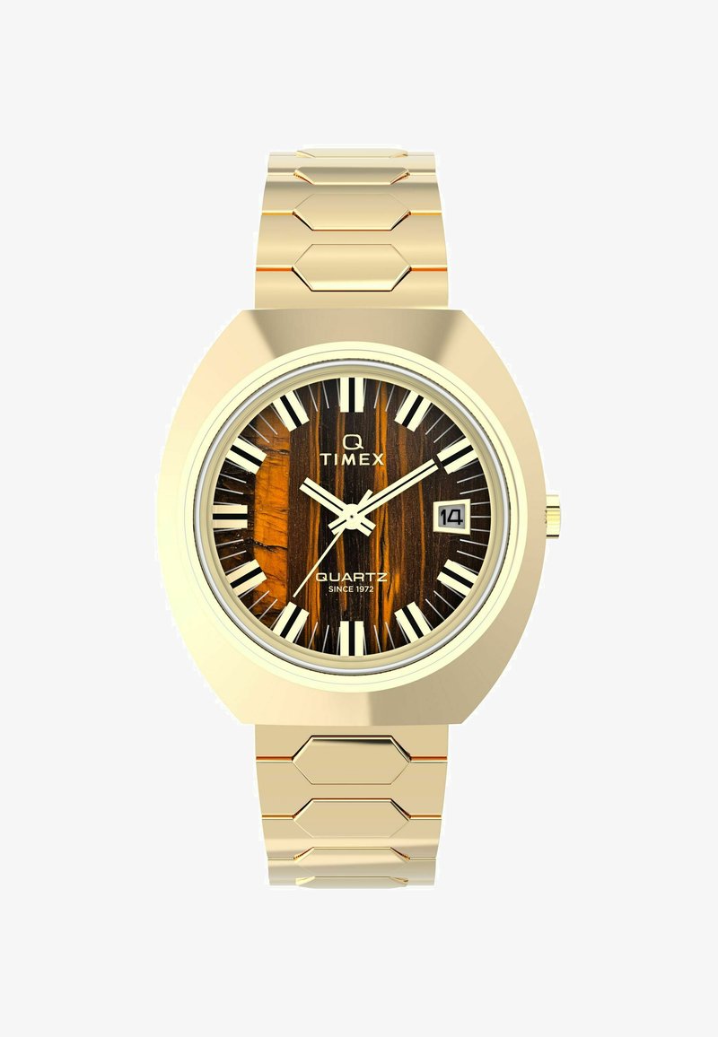 Orologio in quartz oro con cassa ottagonale, quadrante effetto legno, marcatori delle ore audaci e bracciale a link esagonali. Display della data alle 3.