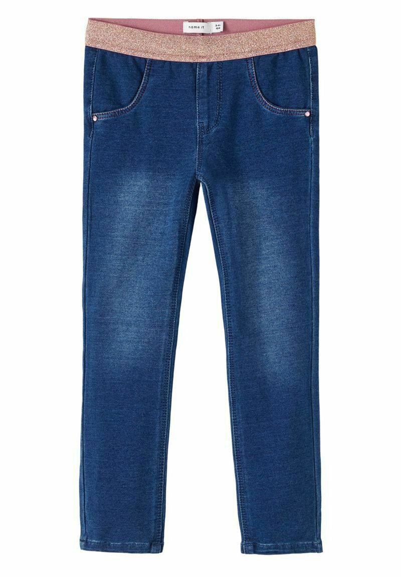 Farkkuja muistuttavat housut, joissa on tummansininen sävy, joustava vaaleanpunainen ja glitterinen vyötärönauha, kaksi etutaskua ja tiukka malli.