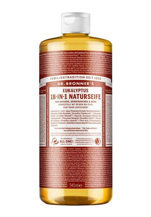 Large amber bottle of Dr. Bronner’s 18-in-1 Eucalyptus Pure-Castile Soap, 945 ml, with detailed label in German and white cap.