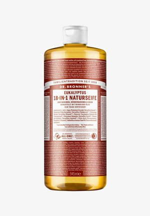 Große bernsteinfarbene Flasche Dr. Bronner’s 18-in-1 Eukalyptus Reine-Kernseife, 945 ml, mit detailliertem Etikett auf Deutsch und weißem Verschluss.