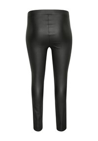 Schwarze, enganliegende Leggings aus glänzendem, dehnbarem Material. Sie verfügen über einen hohen Bund und eine glatte Textur ohne sichtbare Nähte oder Muster.
