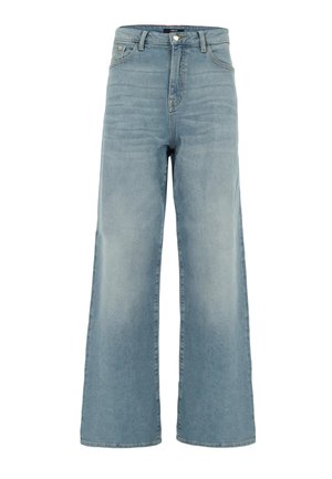 Vaqueros azul claro de talle alto y pierna ancha con bolsillos delanteros, cierre de botón y cremallera, y detalles sutilmente descoloridos.