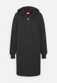 Svart huvtröja klänning i mjukt material, med en framficka, ribbade manschetter och en liten logotyp på bröstet.