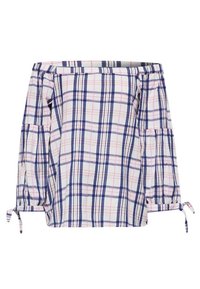 Weißes, schulterfreies Oberteil mit einem karrierten Muster in Marineblau und Pink. Verfügt über Puffärmel mit Bindebändern an den Bündchen und einen lockeren Schnitt.