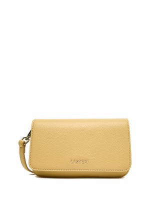 Beige Lederarmband-Clutch mit Klappenverschluss und dem eingravierten Markennamen LASOCKI in der Mitte vorne.