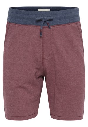 Bordo shortsit, joissa on sininen joustava vyötärö, säädettävä nyöri ja yksi etutasku; pehmeä rakenne; polven yläpuolella.