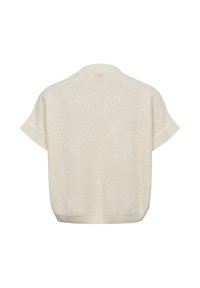 Kremowy, krótkorękawowy sweter dzianinowy w fakturę w romby z prążkowanym wykończeniem u dołu, widziany od tyłu na białym tle.