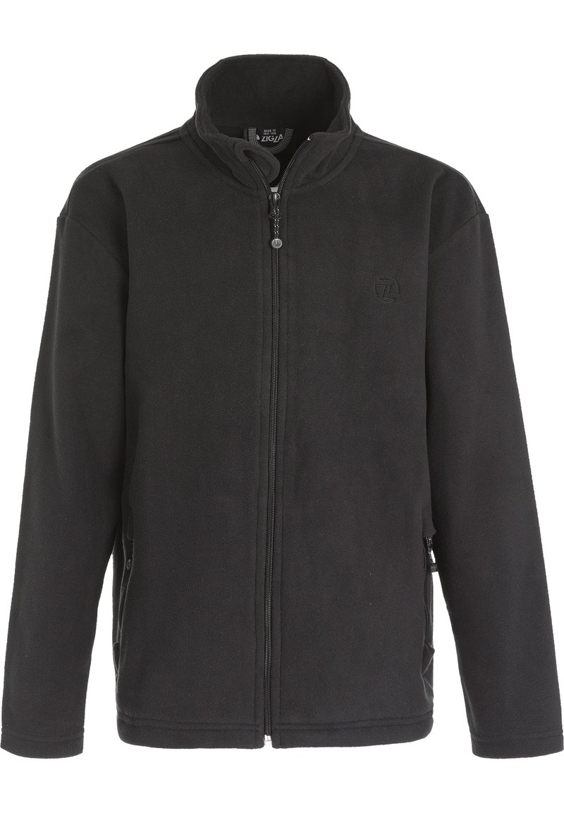 Zwarte fleecejack met een hoge kraag, ritssluiting en zijzakken. Glad textuur met minimale details en een logo op de borst.