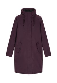 Bordeauxroter wasserdichter Parka mit Kordelzugkapuze, frontalem Reißverschluss und Druckknopf-Taschen. Verfügt über einen geraden Schnitt und lange Ärmel.