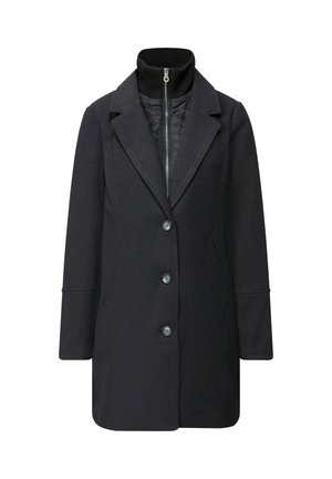 Cappotto in misto lana scuro con un design strutturato, revers a notched, due tasche anteriori e cinque chiusure a bottone. Presenta uno strato interno in piumino nero.