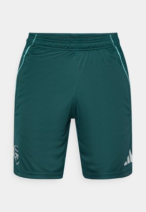 Zelene sportske hlačice s elastičnim pojasom, sa svijetloplavim bočnim detaljima i logotipom na lijevom rubu. Mekani, glatki tekstura tkanine.