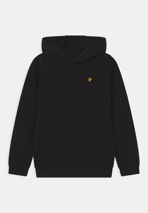 Sweat à capuche noir avec poche kangourou à l'avant et petit logo d'oiseau jaune sur le côté gauche de la poitrine, présenté sur un fond gris clair plat.