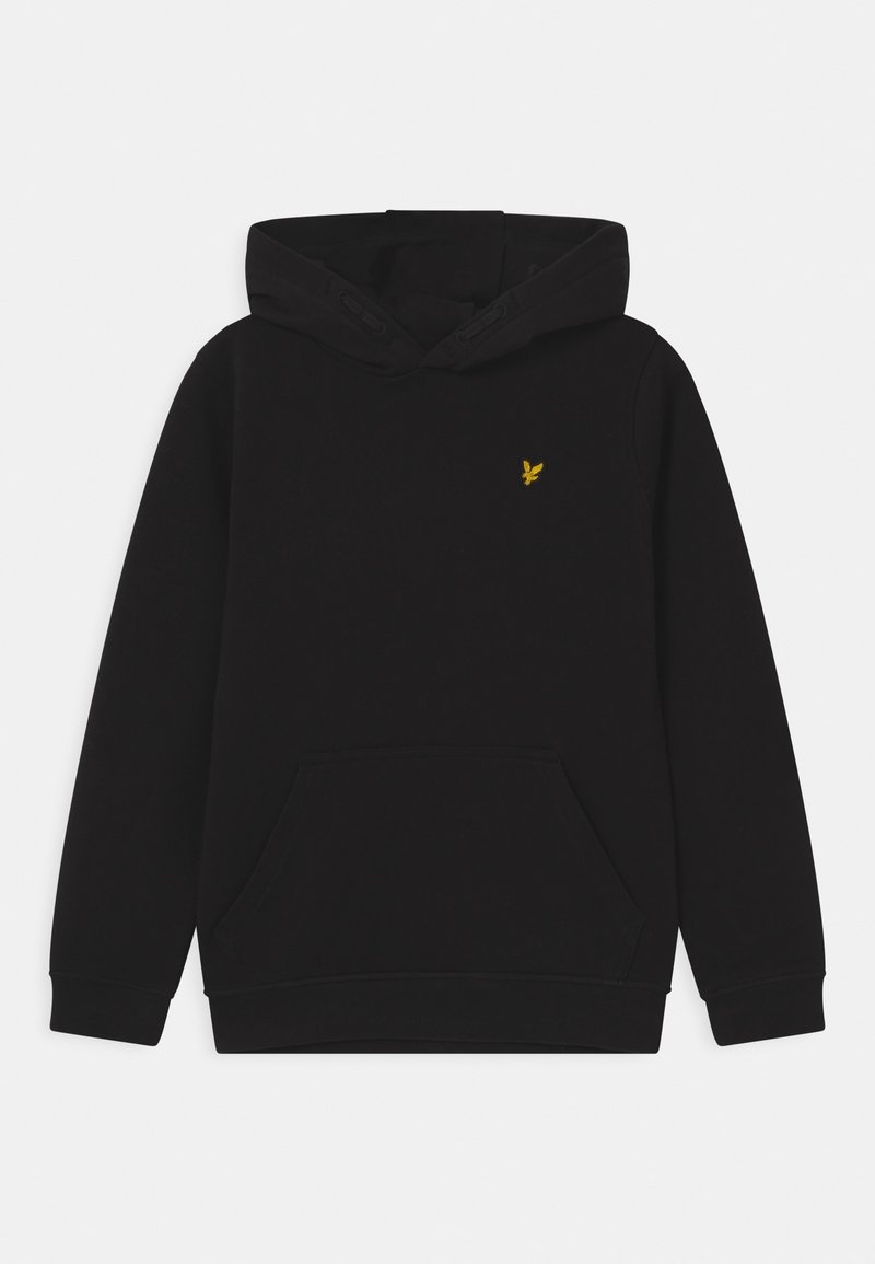 Sweat à capuche noir avec poche kangourou à l'avant et petit logo d'oiseau jaune sur le côté gauche de la poitrine, présenté sur un fond gris clair plat.