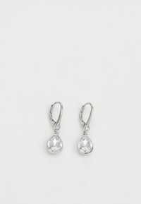 Orecchini a lobi in argento con cristalli trasparenti a forma di pera e superficie sfaccettata, appesi a un piccolo dettaglio rotondo.