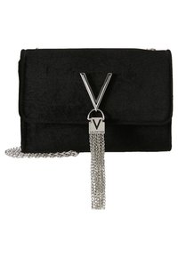 Black velvet Valentino clutch with silver V-shaped logo and chain tassel, and silver chain strap.