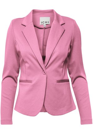 Blazer roz dintr-un material fin; are un guler tăiat, închidere cu un singur buton, două buzunare frontale și mâneci lungi.