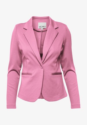 Roza blazer iz gladkega materiala; ima ožji ovratnik, enojno zapiranje s gumbom, dva sprednja žepa in dolge rokave.