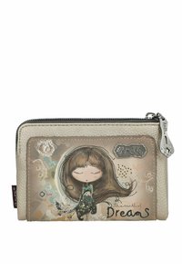 Cartera con cremallera beige de superficie texturizada, con una chica de dibujos animados con cabello castaño, patrones florales y el texto "el mundo de los sueños".