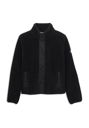 Veste en polaire noire avec une texture douce, un col haut et un panneau lisse contrastant au milieu. Comprend des poches latérales.