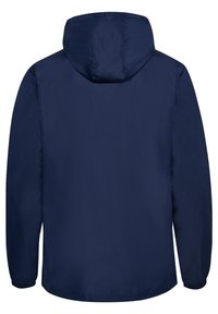 Marineblå vanntett jakke med hette, langermet, elastiske mansjetter og en jevn tekstur. Har et enkelt design, bakvyn er vist.