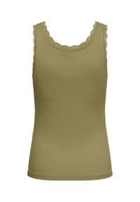 Débardeur côtelé vert olive sans manches avec bordure en dentelle festonnée le long de l'encolure arrondie et des emmanchures.