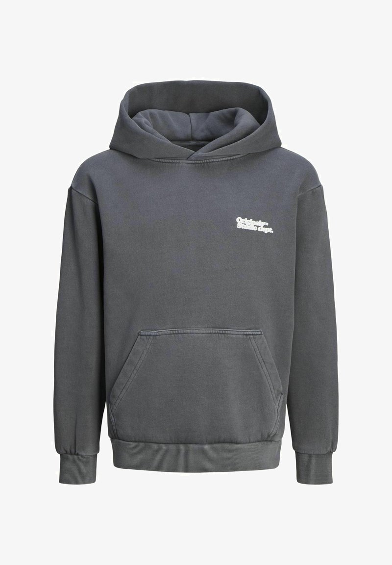 Felpa grigia con cappuccio, dotata di tasca frontale, polsini e orlo a coste. Presenta un piccolo logo bianco sulla parte sinistra del petto. Tessuto morbido e testurizzato.