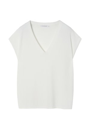 Maglietta bianca a V con maniche corte. Realizzata in tessuto morbido e leggero. Presenta una vestibilità comoda e una consistenza liscia. Design semplice senza motivi.