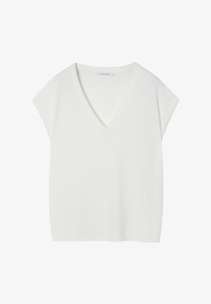 Witte V-hals T-shirt met korte mouwen. Gemaakt van zachte, lichte stof. Heeft een relaxte pasvorm en een gladde textuur. Eenvoudig ontwerp zonder patronen.