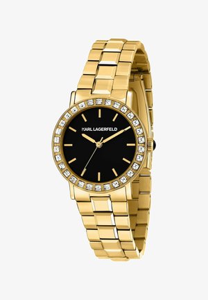 Armbanduhr aus Goldmetall mit schwarzem Zifferblatt, goldfarbenen Zeigern und Markierungen, mit Kristallen besetzter Lünette und KARL LAGERFELD-Logo auf dem Zifferblatt.