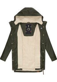 Olive green jacket with a hood, featuring a cream fleece lining and snap closures. Label visible inside with decorative graphics.