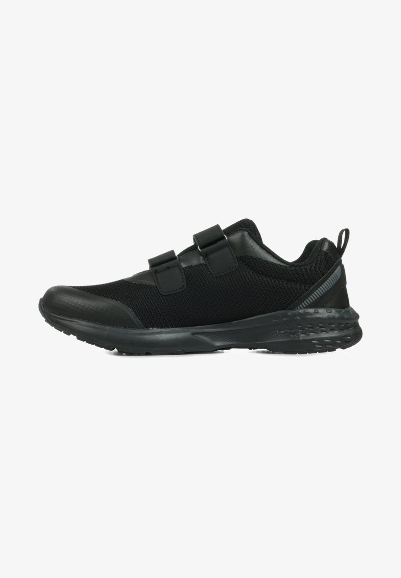 Black athletic shoes featuring mesh fabric, two adjustable Velcro straps, padded collar, and a textured rubber sole.
